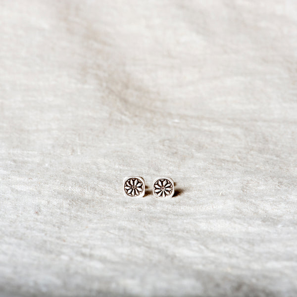 Flower Impression Squared Silver Stud Earrings by Jester Swink - Jester Swink
