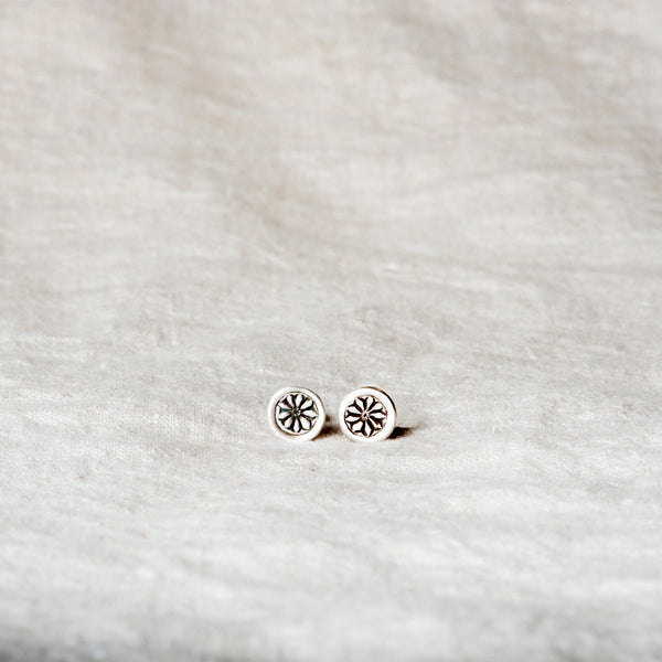 Flower Impression Round Silver Stud Earrings by Jester Swink - Jester Swink
