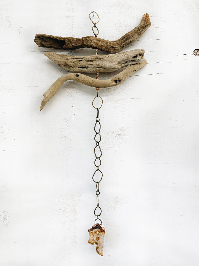 Natural Driftwood Brass Copper Fossil Coral Agate Silent Wind Chime Spinner by Jester Swink - Jester Swink
