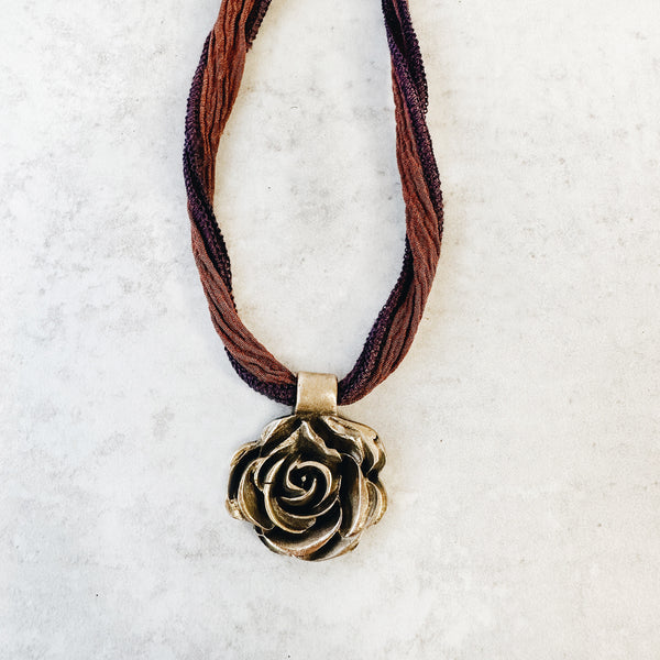 Bronze Rose Pendant Necklace on Silk Cording - Jester Swink