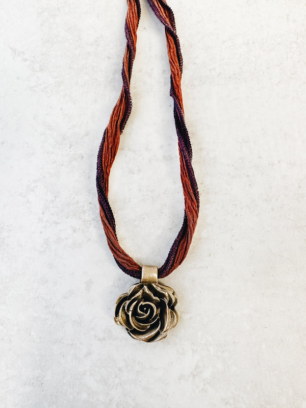 Bronze Rose Pendant Necklace on Silk Cording - Jester Swink
