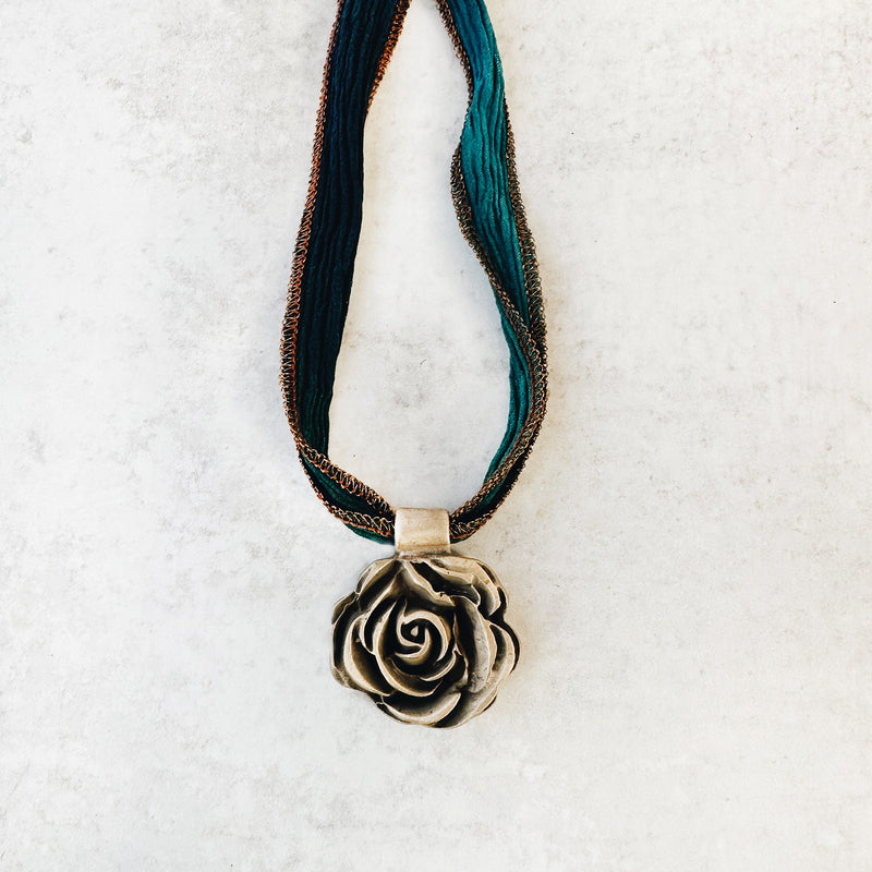 Beautiful Bronze Rose Pendant Necklace on Silk Cording - Jester Swink