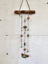 Glacier: Driftwood Wall Hanging with Chrysoprase, Copper, German Silver, and Sea Glass by Jester Swink - Jester Swink