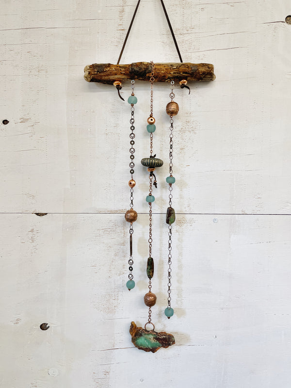 Glacier: Driftwood Wall Hanging with Chrysoprase, Copper, German Silver, and Sea Glass by Jester Swink - Jester Swink