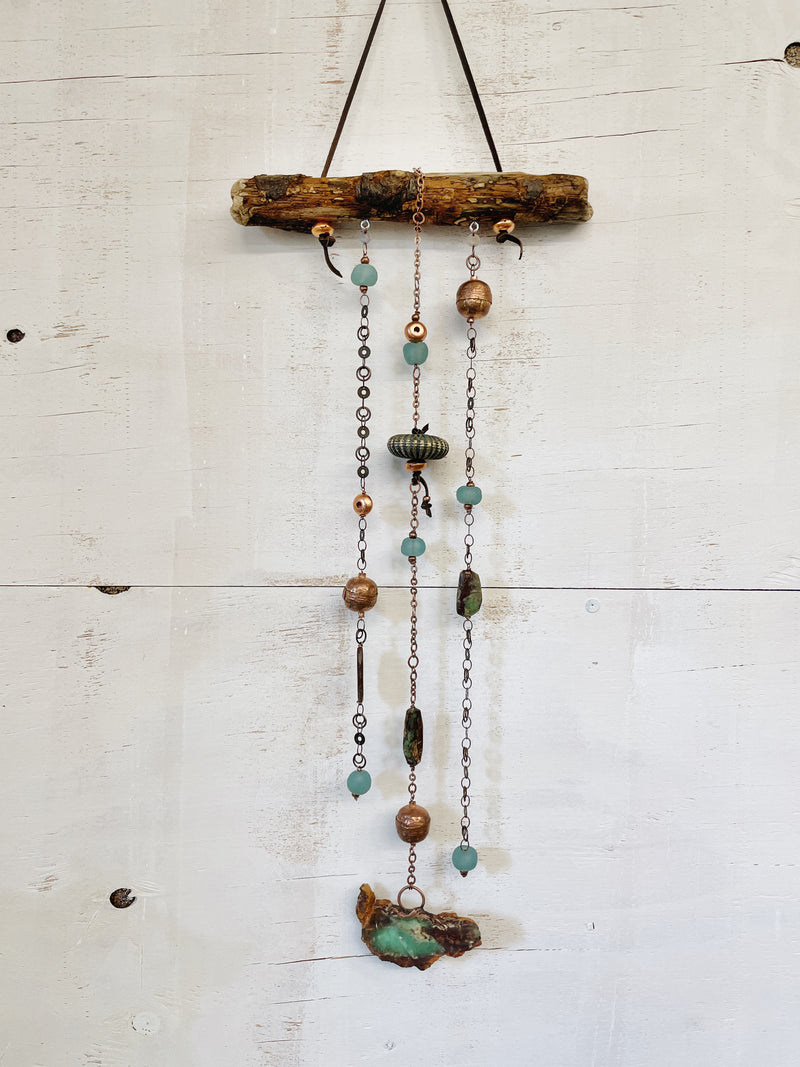 Glacier: Driftwood Wall Hanging with Chrysoprase, Copper, German Silver, and Sea Glass by Jester Swink - Jester Swink