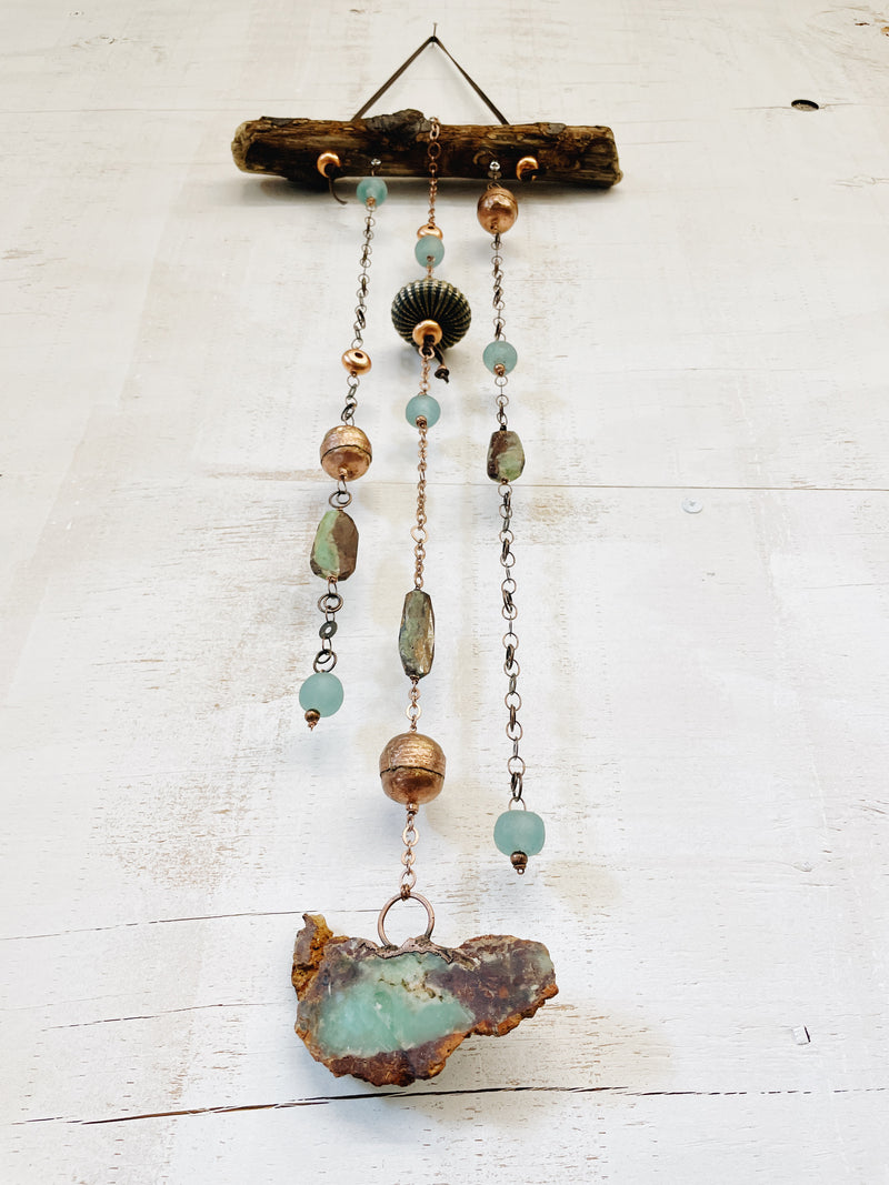 Glacier: Driftwood Wall Hanging with Chrysoprase, Copper, German Silver, and Sea Glass by Jester Swink - Jester Swink